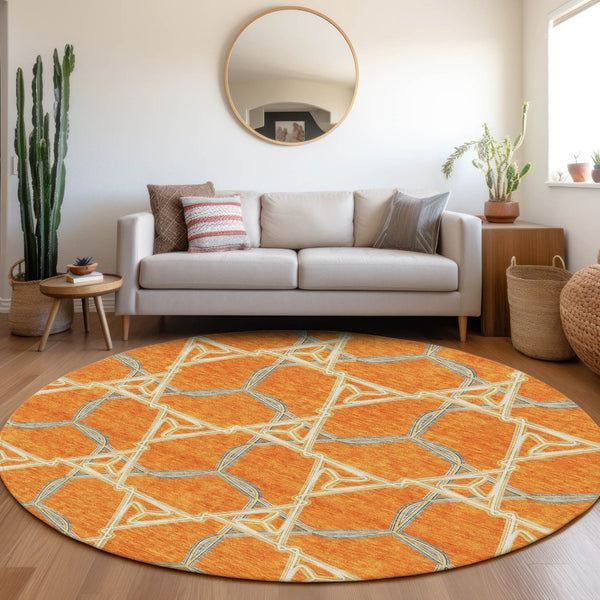 HomeRoots 8' Washable Round Rug in Bold Orange, Ivory & Blue Geometric Design - UV Protection & Stain Resistant 676011