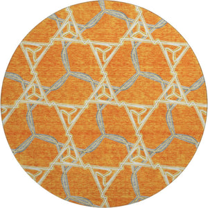 HomeRoots 8' Washable Round Rug in Bold Orange, Ivory & Blue Geometric Design - UV Protection & Stain Resistant 676011