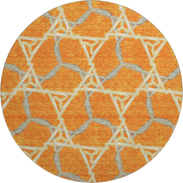 HomeRoots 8' Washable Round Rug in Bold Orange, Ivory & Blue Geometric Design - UV Protection & Stain Resistant 676011