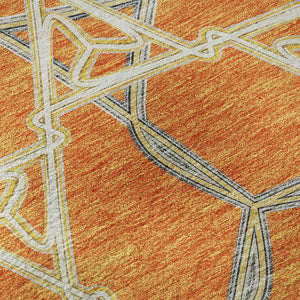 HomeRoots 8' Washable Round Rug in Bold Orange, Ivory & Blue Geometric Design - UV Protection & Stain Resistant 676011