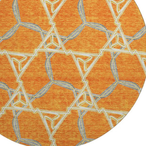HomeRoots 8' Washable Round Rug in Bold Orange, Ivory & Blue Geometric Design - UV Protection & Stain Resistant 676011