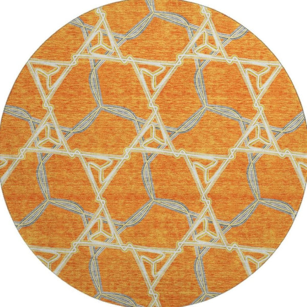 HomeRoots 8' Washable Round Rug in Bold Orange, Ivory & Blue Geometric Design - UV Protection & Stain Resistant 676011