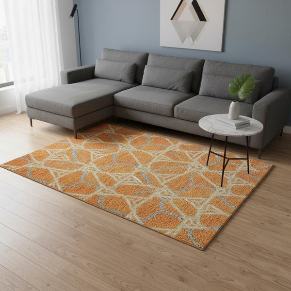 HomeRoots 8' X 10' Vibrant Orange, Ivory & Blue Geometric Washable Area Rug with UV Protection for Durability 676012