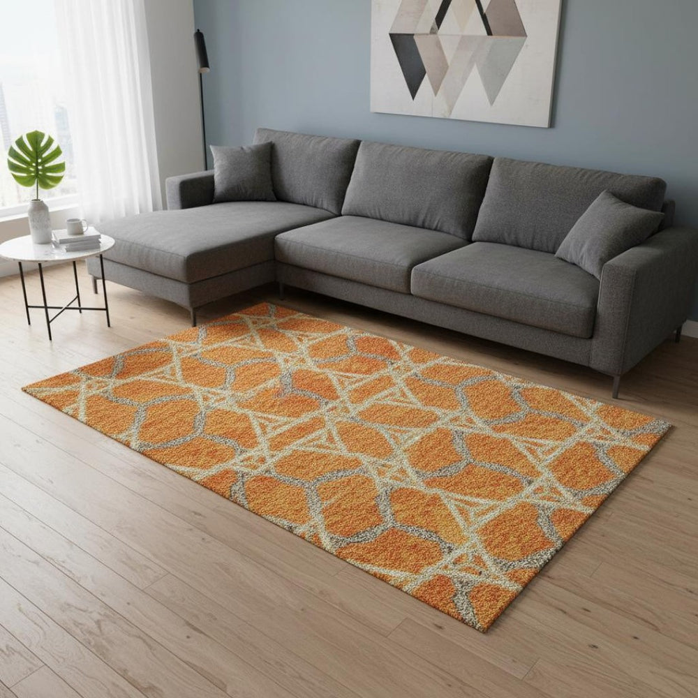HomeRoots 9' X 12' Washable Geometric Area Rug in Vibrant Orange, Ivory & Blue - UV Protected for Durability 676013