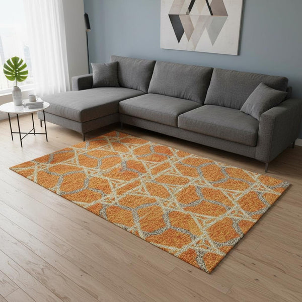 HomeRoots 9' X 12' Washable Geometric Area Rug in Vibrant Orange, Ivory & Blue - UV Protected for Durability 676013