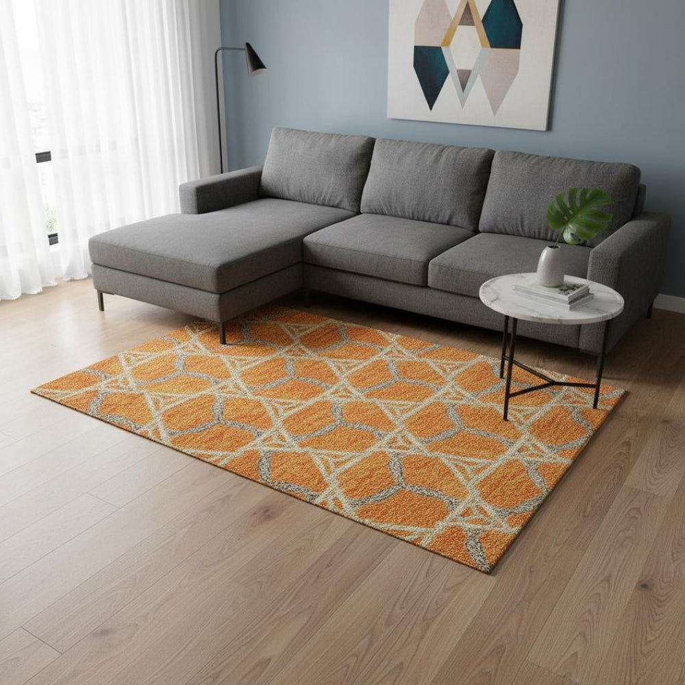 HomeRoots 10' X 14' Modern Geometric Washable Area Rug in Orange, Ivory & Blue – UV Protected, Durable Design 676014