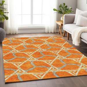 HomeRoots 10' X 14' Modern Geometric Washable Area Rug in Orange, Ivory & Blue – UV Protected, Durable Design 676014