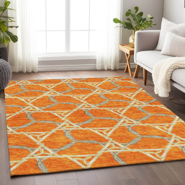 HomeRoots 10' X 14' Modern Geometric Washable Area Rug in Orange, Ivory & Blue – UV Protected, Durable Design 676014