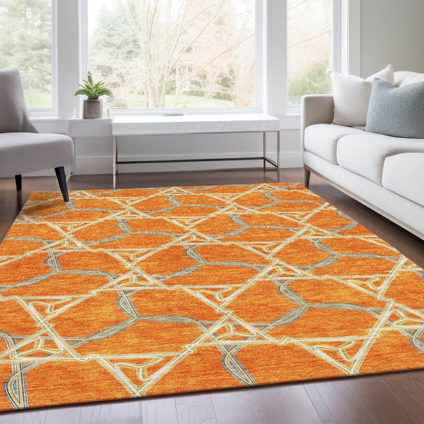 HomeRoots 10' X 14' Modern Geometric Washable Area Rug in Orange, Ivory & Blue – UV Protected, Durable Design 676014