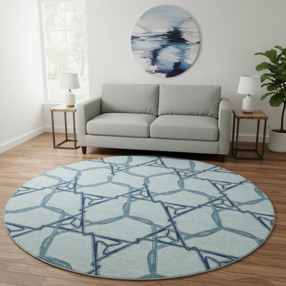 HomeRoots 8' Sky Blue Gray & Denim Blue Geometric Washable Round Rug - UV Protected, Durable & Stylish Addition 676017
