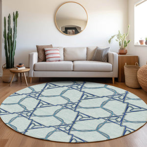 HomeRoots 8' Sky Blue Gray & Denim Blue Geometric Washable Round Rug - UV Protected, Durable & Stylish Addition 676017