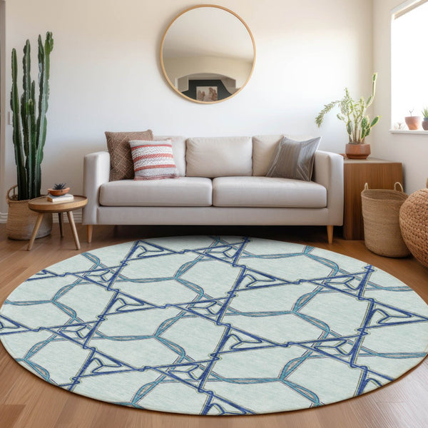HomeRoots 8' Sky Blue Gray & Denim Blue Geometric Washable Round Rug - UV Protected, Durable & Stylish Addition 676017