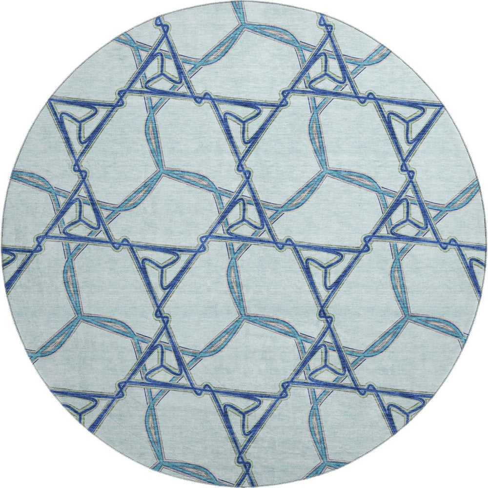 HomeRoots 8' Sky Blue Gray & Denim Blue Geometric Washable Round Rug - UV Protected, Durable & Stylish Addition 676017