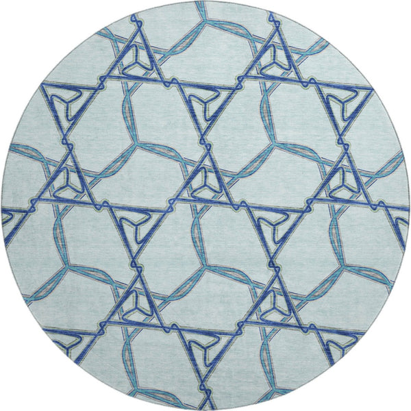 HomeRoots 8' Sky Blue Gray & Denim Blue Geometric Washable Round Rug - UV Protected, Durable & Stylish Addition 676017