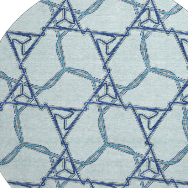 HomeRoots 8' Sky Blue Gray & Denim Blue Geometric Washable Round Rug - UV Protected, Durable & Stylish Addition 676017