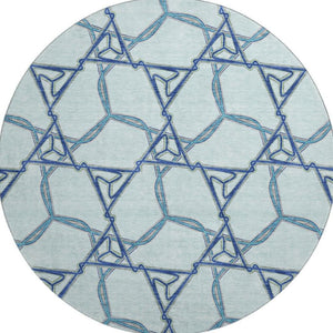 HomeRoots 8' Sky Blue Gray & Denim Blue Geometric Washable Round Rug - UV Protected, Durable & Stylish Addition 676017