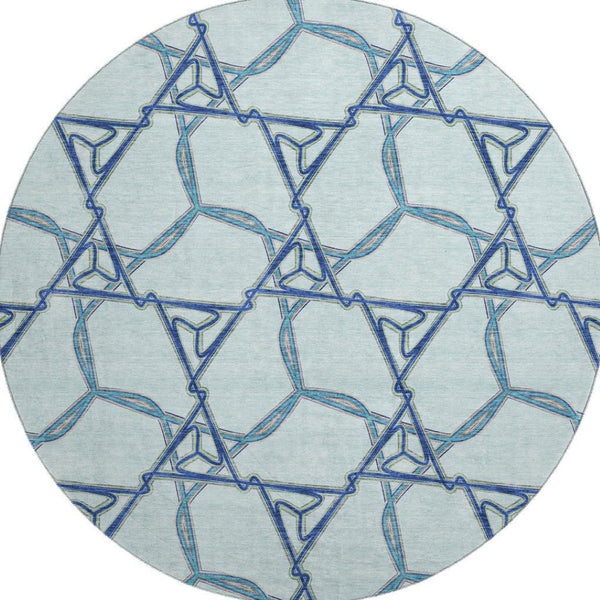 HomeRoots 8' Sky Blue Gray & Denim Blue Geometric Washable Round Rug - UV Protected, Durable & Stylish Addition 676017