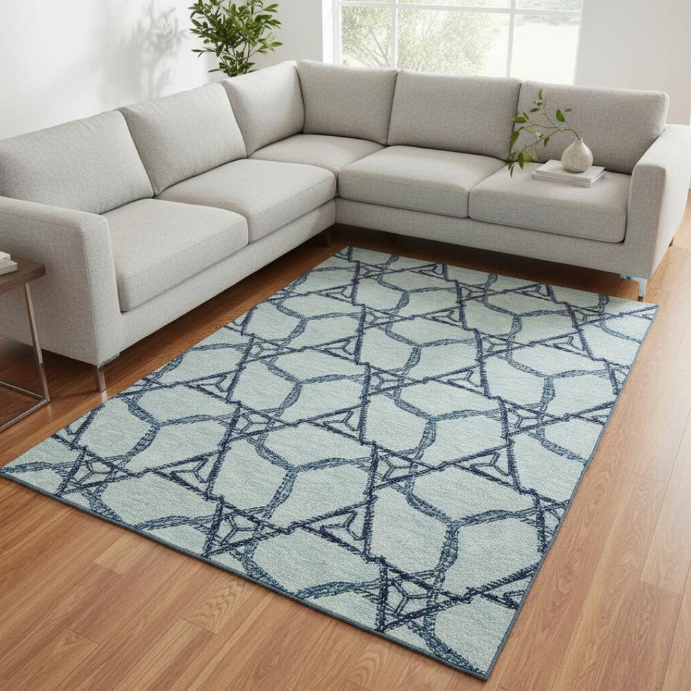 HomeRoots 9' X 12' Stylish Sky Blue Geometric Area Rug - Washable, UV Protected, Perfect for Homes with Kids! 676019