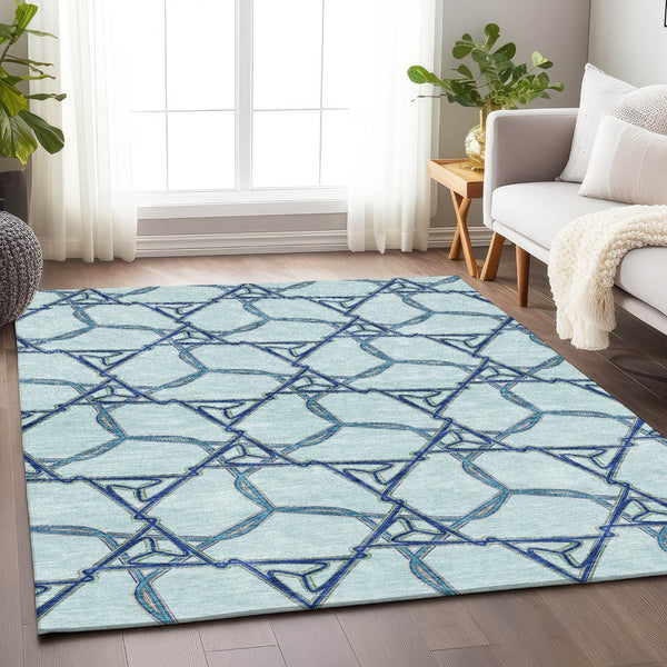 HomeRoots 10' X 14' Stylish Geometric Washable Area Rug in Sky Blue & Gray - Durable, UV Resistant, Pet Friendly! 676020