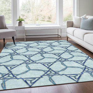 HomeRoots 10' X 14' Stylish Geometric Washable Area Rug in Sky Blue & Gray - Durable, UV Resistant, Pet Friendly! 676020