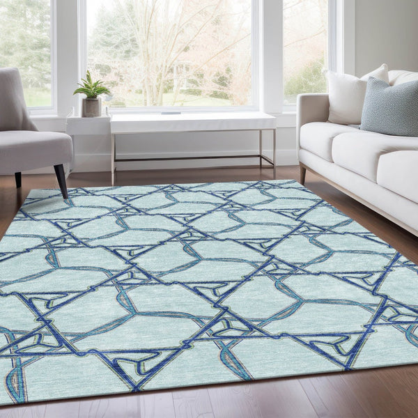 HomeRoots 10' X 14' Stylish Geometric Washable Area Rug in Sky Blue & Gray - Durable, UV Resistant, Pet Friendly! 676020