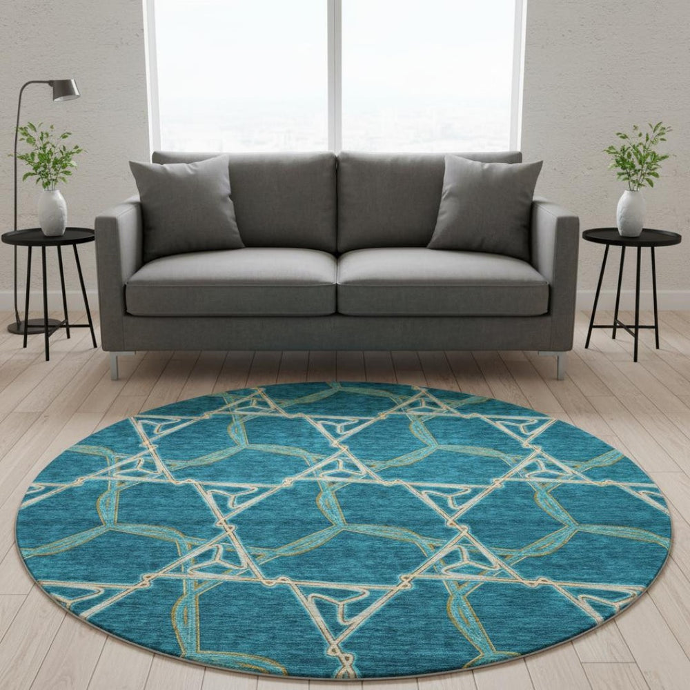 HomeRoots 8' Teal Beige Copper Geometric Round Rug - Washable, UV-Protected, Stylish for Modern Spaces! 676023