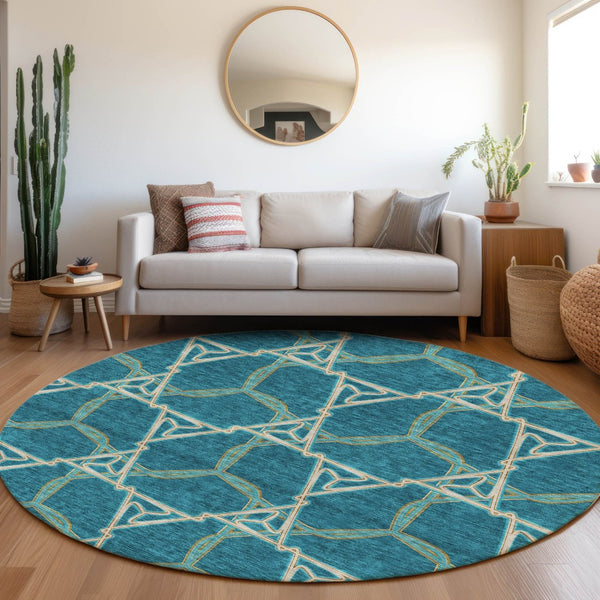 HomeRoots 8' Teal Beige Copper Geometric Round Rug - Washable, UV-Protected, Stylish for Modern Spaces! 676023