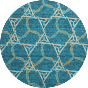 HomeRoots 8' Teal Beige Copper Geometric Round Rug - Washable, UV-Protected, Stylish for Modern Spaces! 676023
