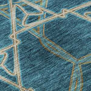 HomeRoots 8' Teal Beige Copper Geometric Round Rug - Washable, UV-Protected, Stylish for Modern Spaces! 676023