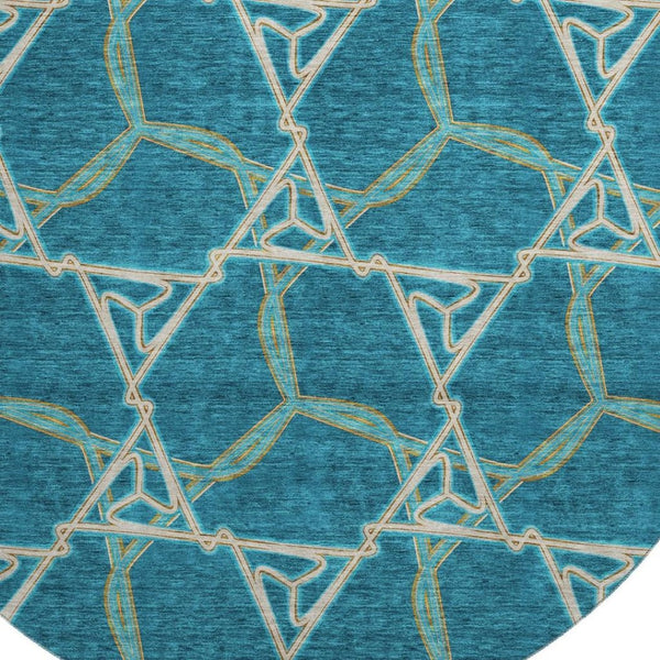 HomeRoots 8' Teal Beige Copper Geometric Round Rug - Washable, UV-Protected, Stylish for Modern Spaces! 676023