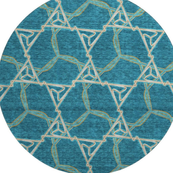 HomeRoots 8' Teal Beige Copper Geometric Round Rug - Washable, UV-Protected, Stylish for Modern Spaces! 676023