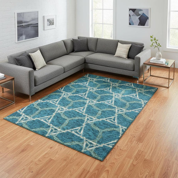 HomeRoots 8' X 10' Teal, Beige & Copper Geometric Area Rug - Washable, UV-Protected & Stain-Resistant Design! 676024