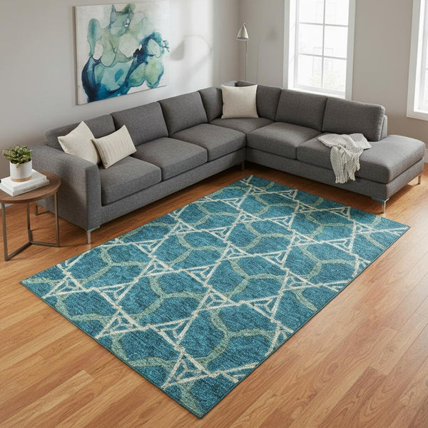 HomeRoots 10' Stylish Teal Beige Copper Geometric Washable Area Rug - UV Protected, Durable, Easy Care! 676026