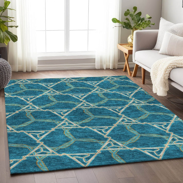 HomeRoots 10' Stylish Teal Beige Copper Geometric Washable Area Rug - UV Protected, Durable, Easy Care! 676026