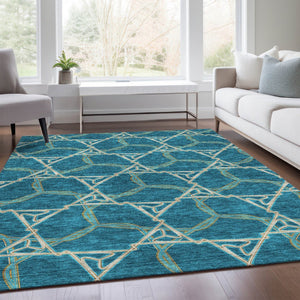 HomeRoots 10' Stylish Teal Beige Copper Geometric Washable Area Rug - UV Protected, Durable, Easy Care! 676026