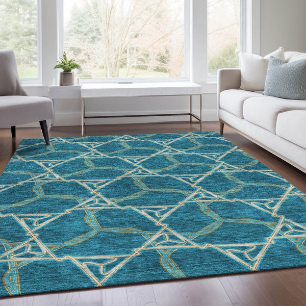 HomeRoots 10' Stylish Teal Beige Copper Geometric Washable Area Rug - UV Protected, Durable, Easy Care! 676026