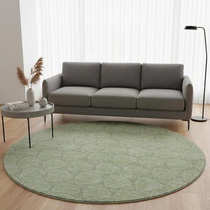 HomeRoots 8' Artichoke Green and Ivory Geometric Washable Round Rug - UV Protection, Stain Resistant, Stylish Decor 676029
