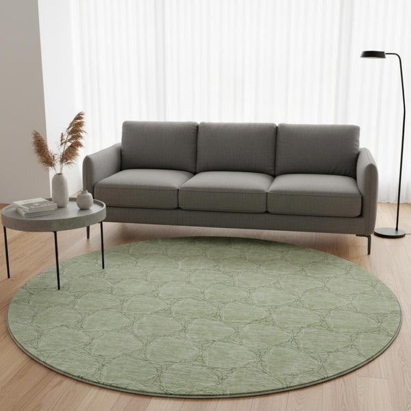 HomeRoots 8' Artichoke Green and Ivory Geometric Washable Round Rug - UV Protection, Stain Resistant, Stylish Decor 676029