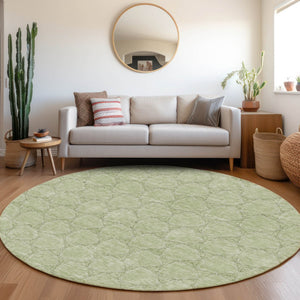 HomeRoots 8' Artichoke Green and Ivory Geometric Washable Round Rug - UV Protection, Stain Resistant, Stylish Decor 676029