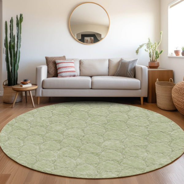 HomeRoots 8' Artichoke Green and Ivory Geometric Washable Round Rug - UV Protection, Stain Resistant, Stylish Decor 676029