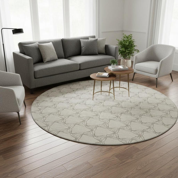 HomeRoots 8' Beige and Brown Geometric Round Rug – Washable, UV Protected, Stylish and Durable for Every Space! 676035