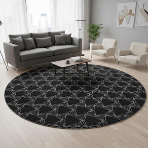 HomeRoots 8' Stylish Black and Ivory Geometric Round Rug – Washable, UV-Protected, Perfect for Busy Homes! 676041