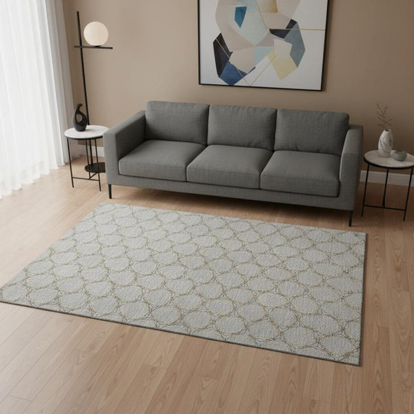 HomeRoots 5' X 8' Gray and Gold Geometric Area Rug – Durable, Washable, UV-Protected for Stylish Living Spaces 676046