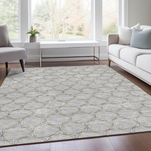 HomeRoots 5' X 8' Gray and Gold Geometric Area Rug – Durable, Washable, UV-Protected for Stylish Living Spaces 676046
