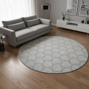 HomeRoots 8' Gray and Gold Geometric Washable Round Rug - Durable, Stain-Resistant, UV-Protected & Stylish! 676047