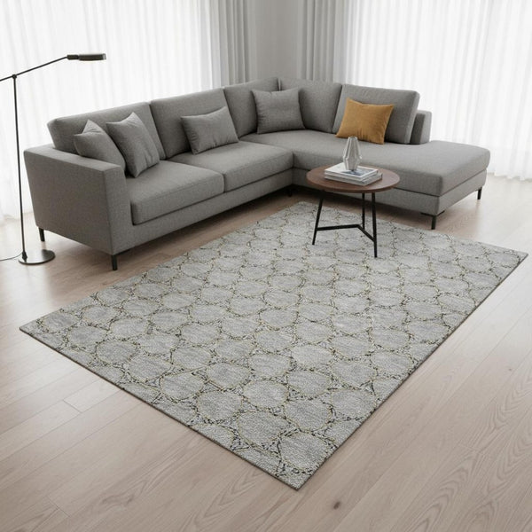 HomeRoots 9' X 12' Gray and Gold Geometric Area Rug - Washable, UV-Protected, Stylish for Modern Spaces 676049