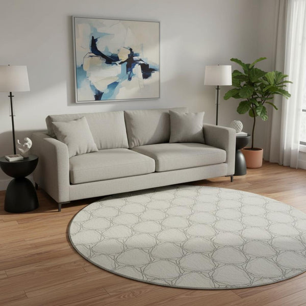 HomeRoots 8' Ivory and Charcoal Geometric Washable Round Rug - Stylish, Durable, UV-Protected for Any Space 676053