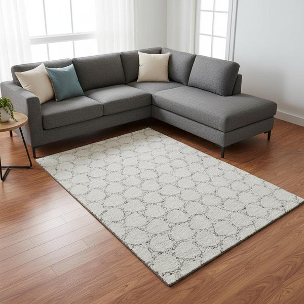 HomeRoots 8' X 10' Washable Ivory & Charcoal Geometric Area Rug with UV Protection for Modern Homes 676054