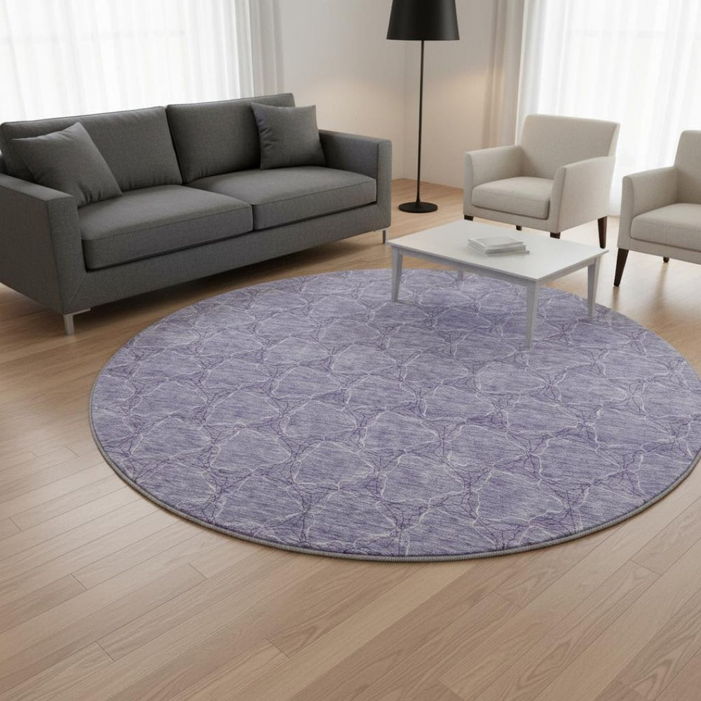 HomeRoots 8' Modern Lavender and Ivory Geometric Round Rug - Washable, UV Protected, Stain Resistant Design 676059