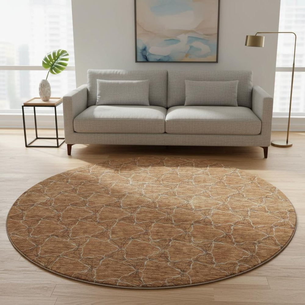 HomeRoots 8' Washable Round Rug in Rust and Ivory - Durable, UV-Protected, Geometric Design for Any Space 676065